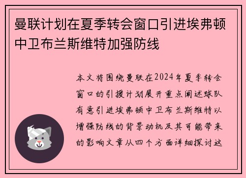 曼联计划在夏季转会窗口引进埃弗顿中卫布兰斯维特加强防线 曼联计划在夏季转会窗口引进埃弗顿中卫布兰斯维特加强防线