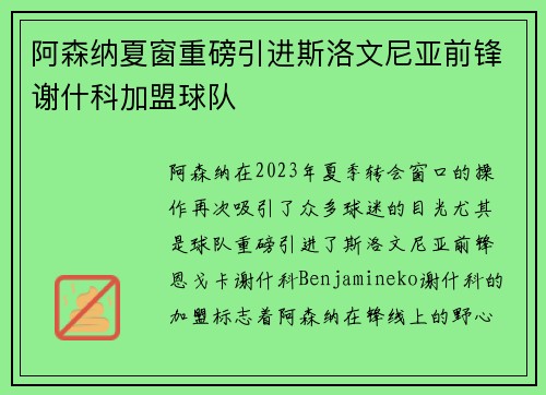阿森纳夏窗重磅引进斯洛文尼亚前锋谢什科加盟球队
